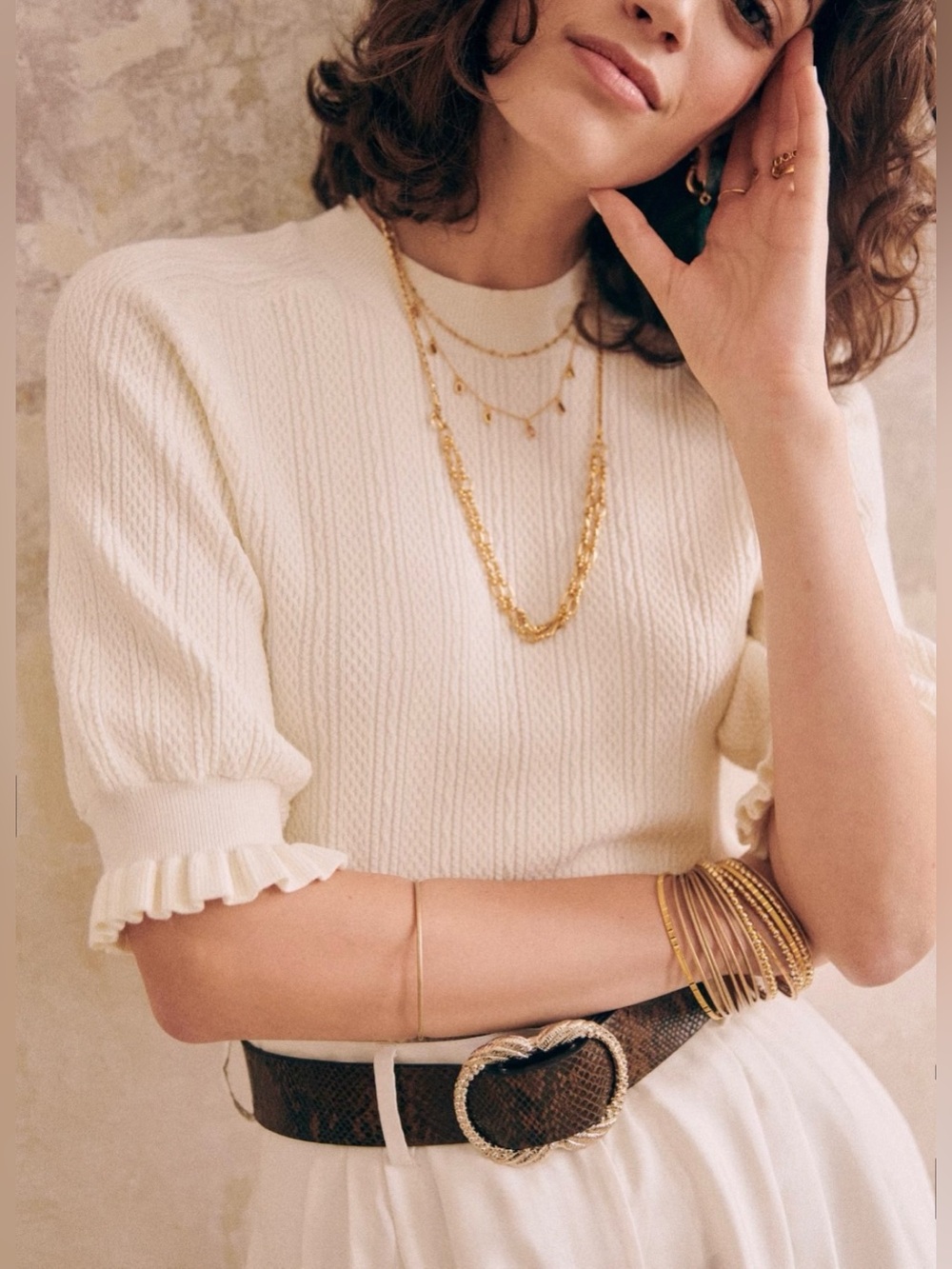 Sezane Adele Cream Knit Ruffle-Sleeve Top